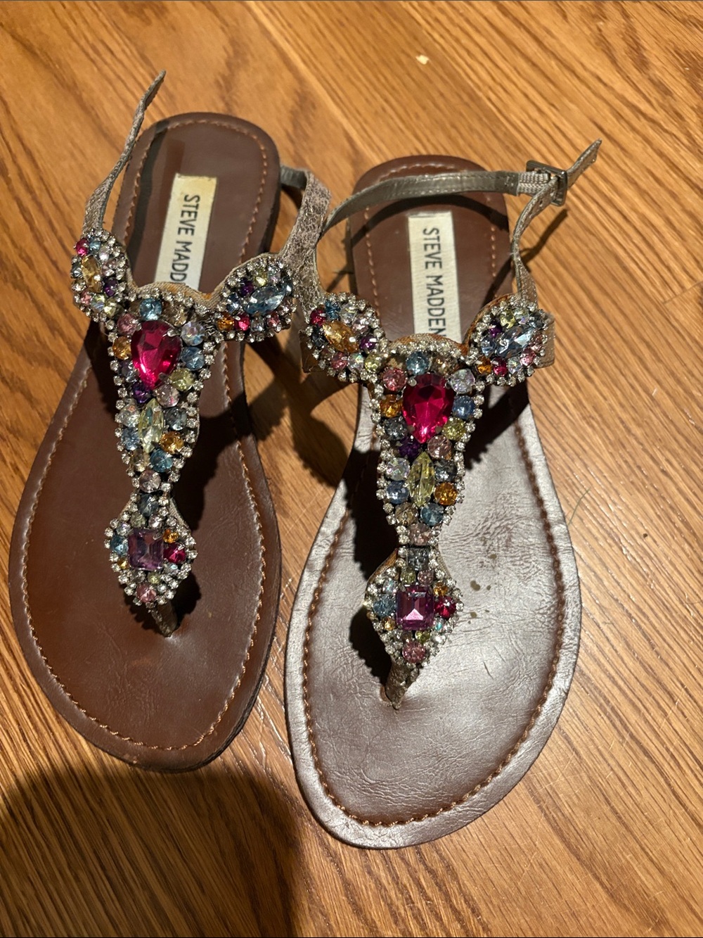 Steve Madden Jeweled T-Strap Sandals in Brown with Pink Accents